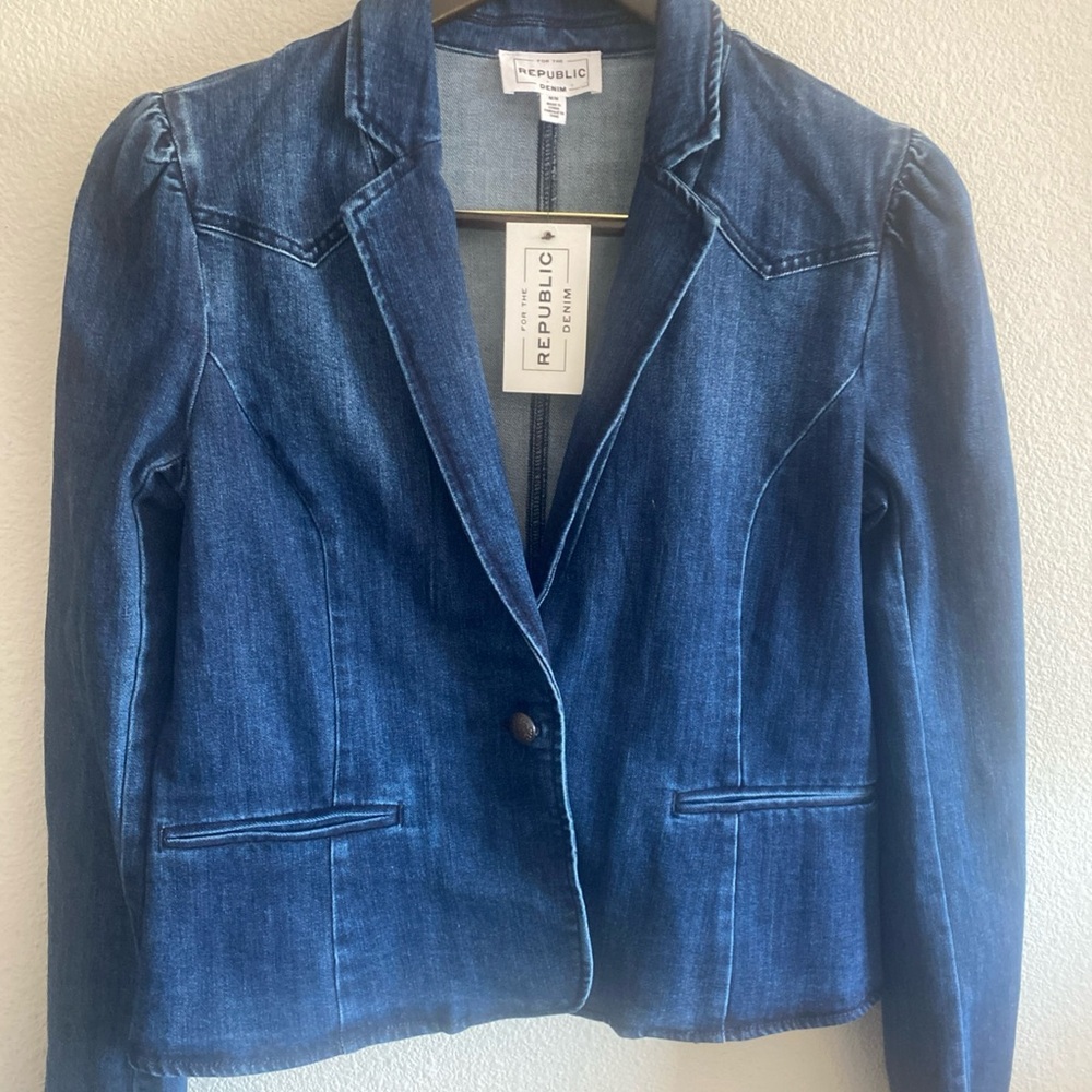 For The Republic Dark Blue Denim Blazer Jacket